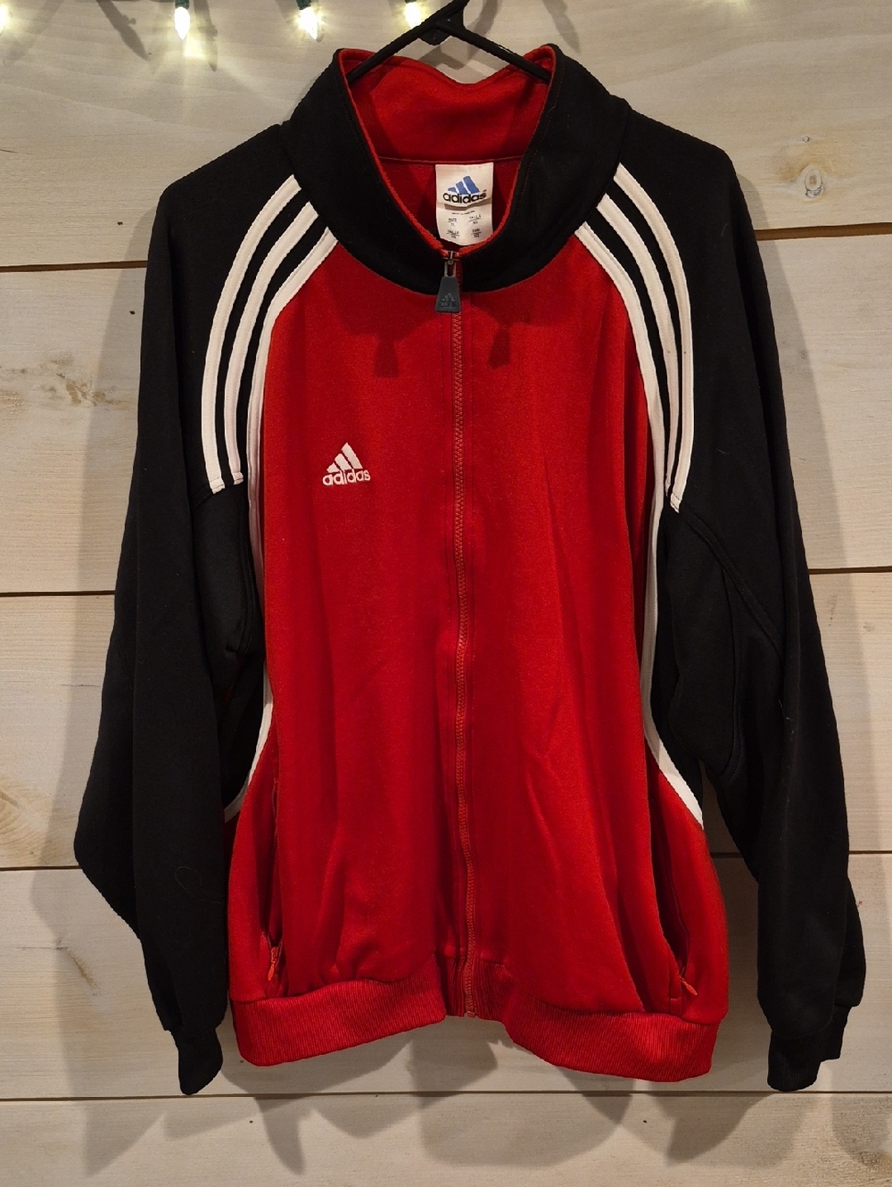 Mens Adidas Red and Black Track Jacket with White Stripes, SIZE XL, Good Cond